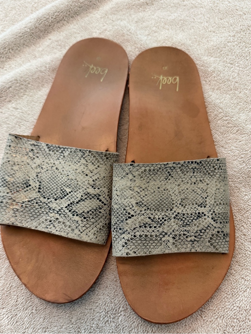 beek Mockingbird Snake-Print Slide Sandals in Tan & Gray
